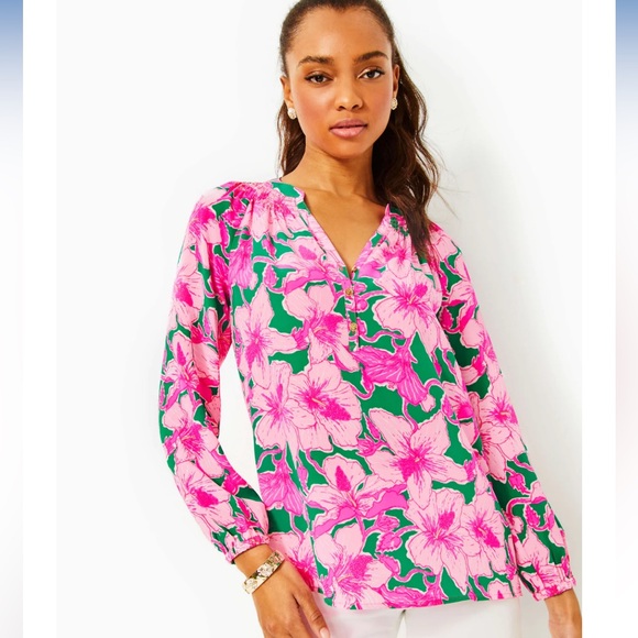 Lilly Pulitzer Elsa Top Kelly Green Hibis Kiss Size Large - Picture 2 of 3